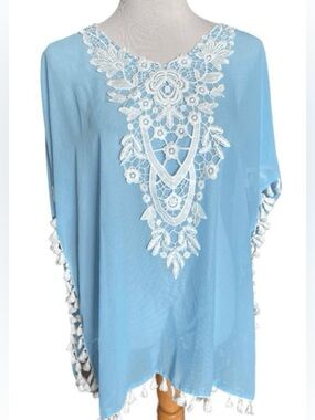 Light blue embroidered tassels sheer poncho cover up Top
